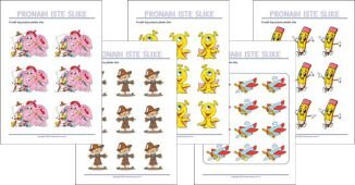 Pronađi dvije iste slike Besplatni PDF listići "Pronađi dvije iste slike" za djecu.
